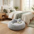CalmPaws donut bed styled in a bedroom