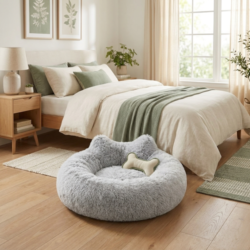 CalmPaws donut bed styled in a bedroom