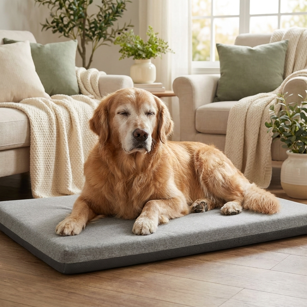 Older dog resting on OrthoRest memory foam bed