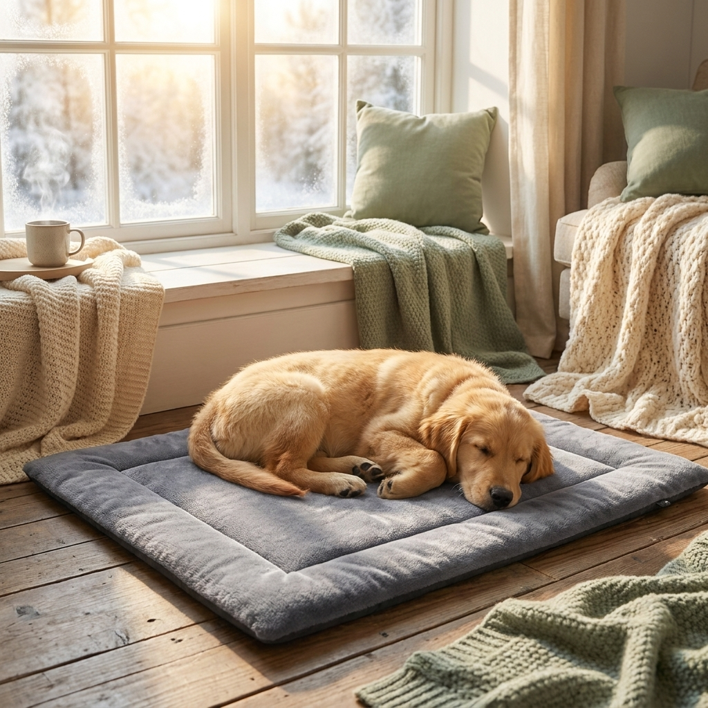 Dog sleeping on ToastyPaws warming mat by window