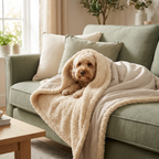 Dog snuggled in SnugCloud blanket on sofa