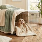 SnugCloud blanket draped in a dog crate