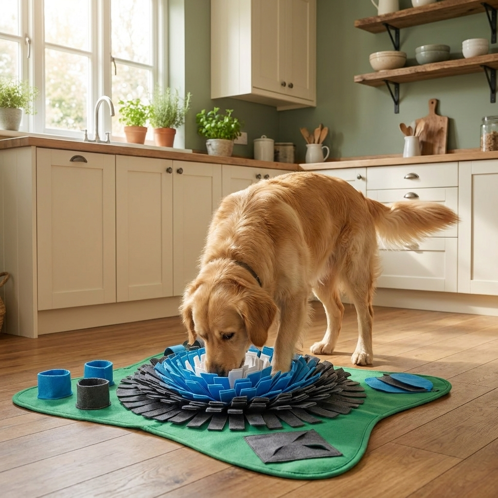 Dog foraging in ForageFun snuffle mat