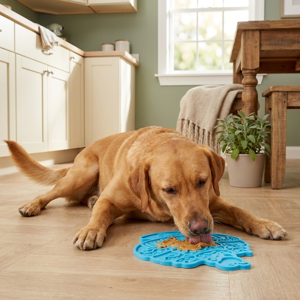 Dog licking LickEase treat mat
