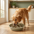 Dog eating from SlowBite maze feeder