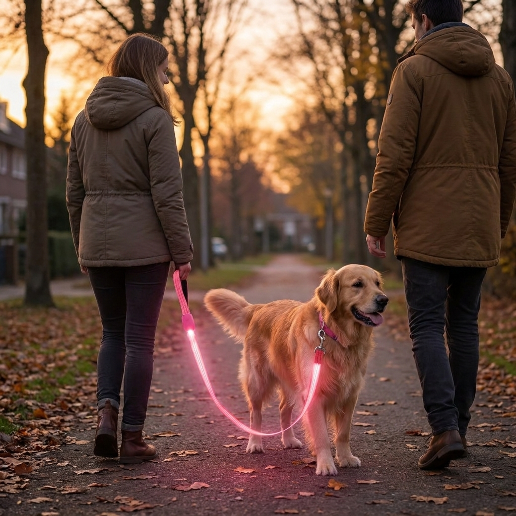 Dusk walk with BrightTrail LED leash glowing