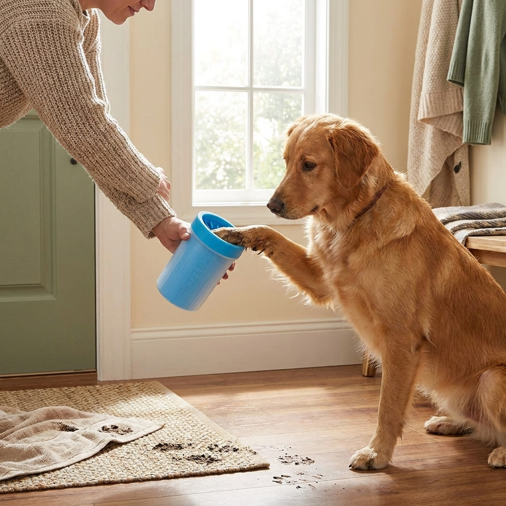 Cleaning a muddy paw with PawPure cup