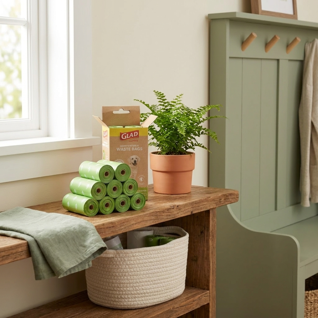 EarthWalk bags on an entryway shelf